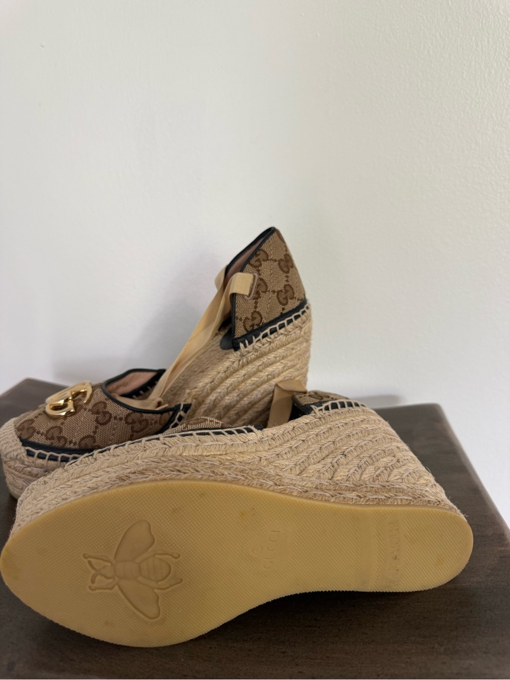 Gucci Beige Monogram Espadrille Wedge Sandals with Gold Logo - Picture 9 of 13